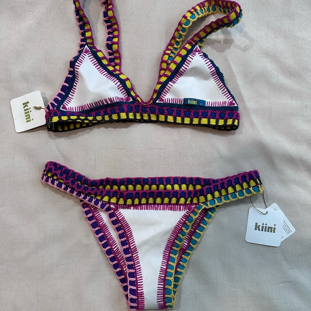 NWT KIINI White Bikini with Pink, Yellow, Blue Crochet Trim